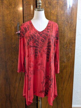 Jostar Tunic Top L Red Orange Dreamcatcher Graphic Asymmetrical Boho Witchy